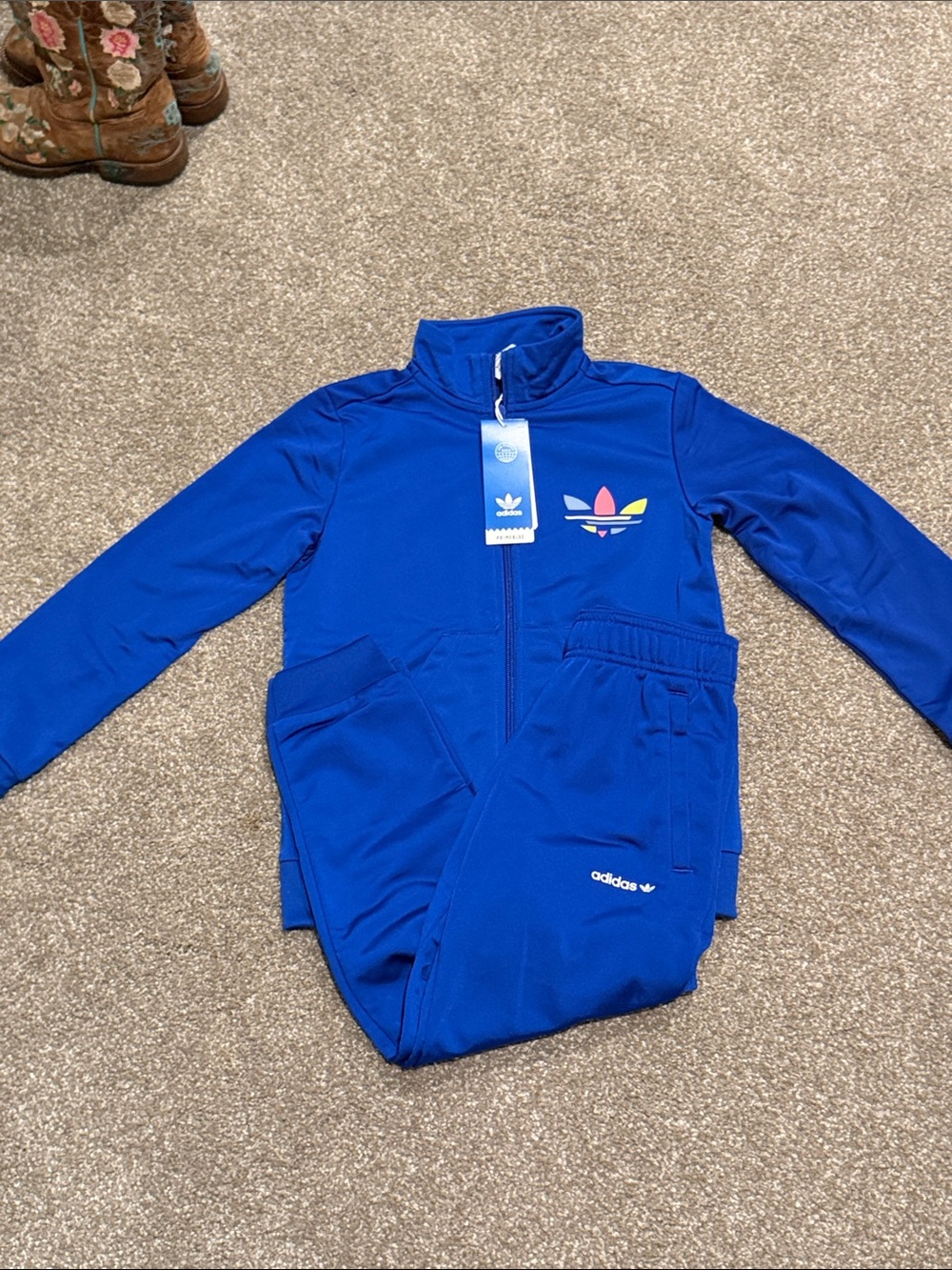 adidas Blue Kids Long-Sleeve track suit Set with Multicolor Trefoil